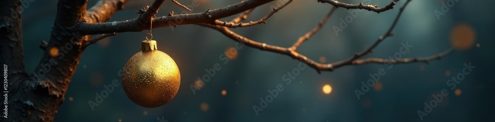 A golden Christmas ornament on a branch of a bare tree, eerie, tree A golden Christmas ornament on a branch of a bare tree, eerie, tree