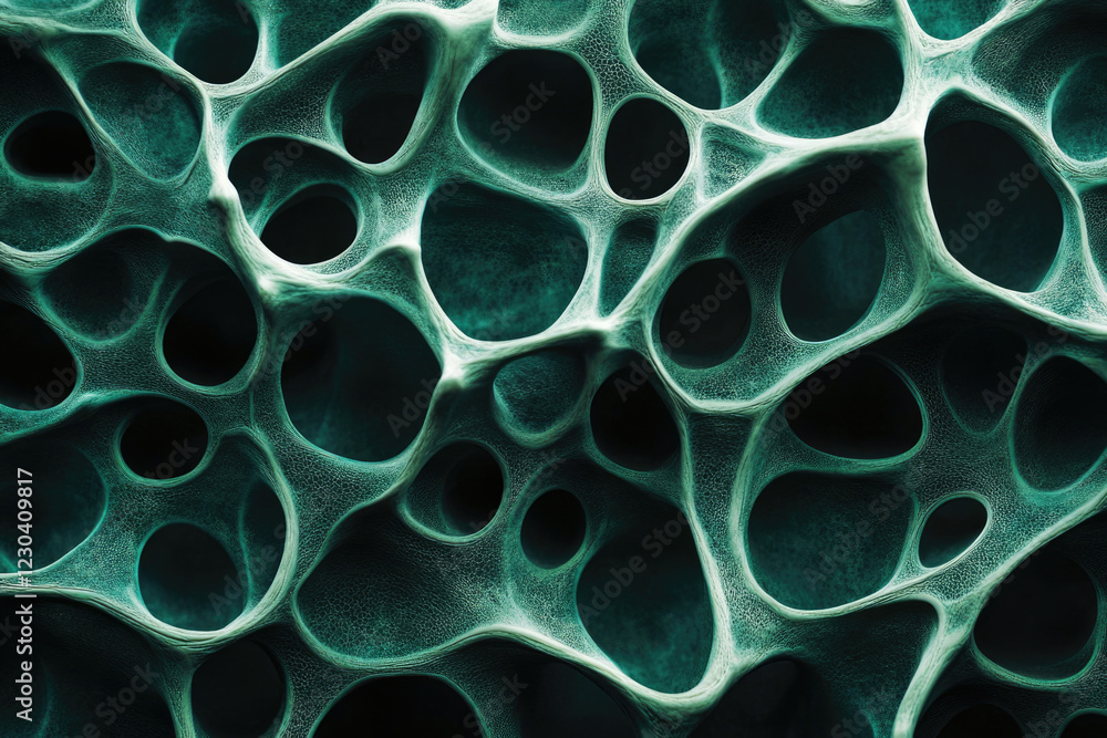 Abstract teal image depicting a complex, porous, interconnected network resembling a bone structure or spongy material. Abstract teal image depicting a complex, porous, interconnected network resembling a bone structure or spongy material.