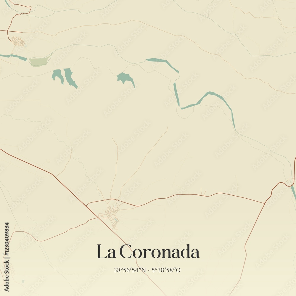 Fototapeta premium Retro Spanish map of La Coronada, Extremadura. Vintage street map.