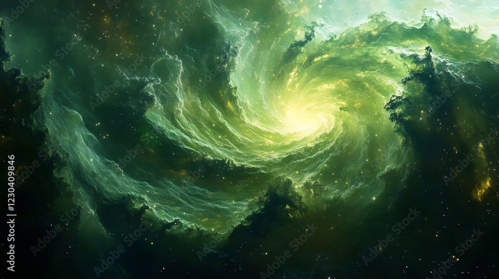 Fototapeta premium A green spiral galaxy with a yellow center