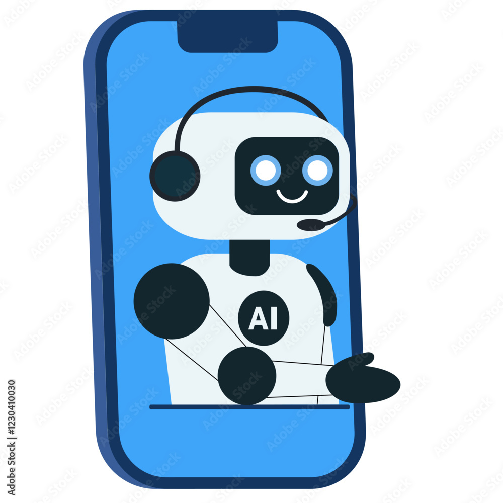 Cute chatbot, robot greeting from mobile phone screen. Innovation, science and support concept. Chatbot. Vector illustration Cute chatbot, robot greeting from mobile phone screen. Innovation, science and support concept. Chatbot. Vector illustration