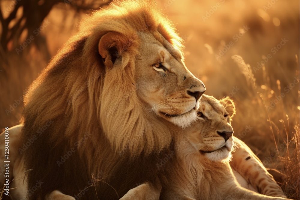 Fototapeta premium African Romance: Lions in Love in the Wild - A Beautiful Wildlife Portrait of Two Big Cats in Love on Safari in Africa