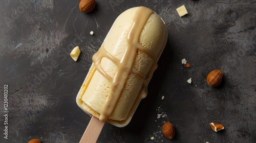 Vanilla ice cream covered with white chocolate and filled with hazelnut cream. Popsicle. Top view photo