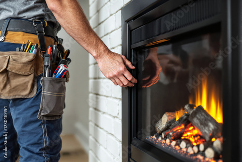 Wallpaper Mural Technician adjusting glass panel of a modern fireplace with tools in pocket. Torontodigital.ca