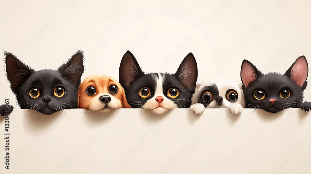 Dogs and cats peeking over a web banner. Dogs and cats peeking over a web banner.