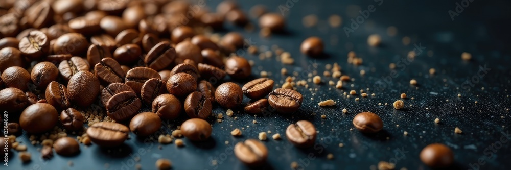 Coffee beans scattered on a black granite countertop, stone, table, scattered Coffee beans scattered on a black granite countertop, stone, table, scattered