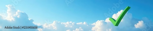 Cloudy sky with a prominent green checkmark and wispy clouds, blue, natural