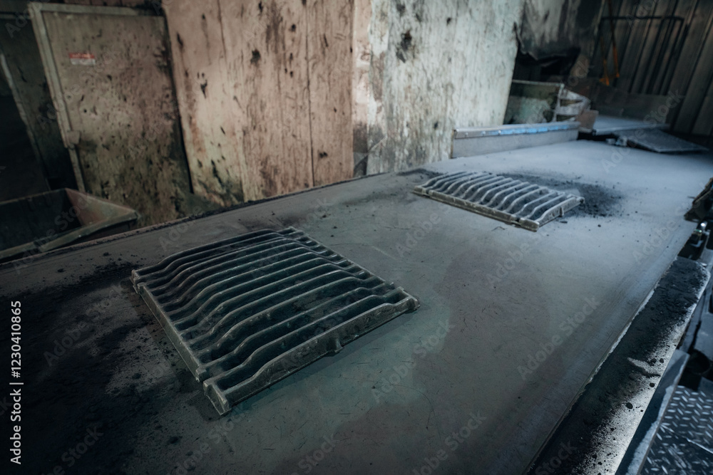 Two industrial grates sit atop a dusty dark surface in a factory setting Two industrial grates sit atop a dusty dark surface in a factory setting