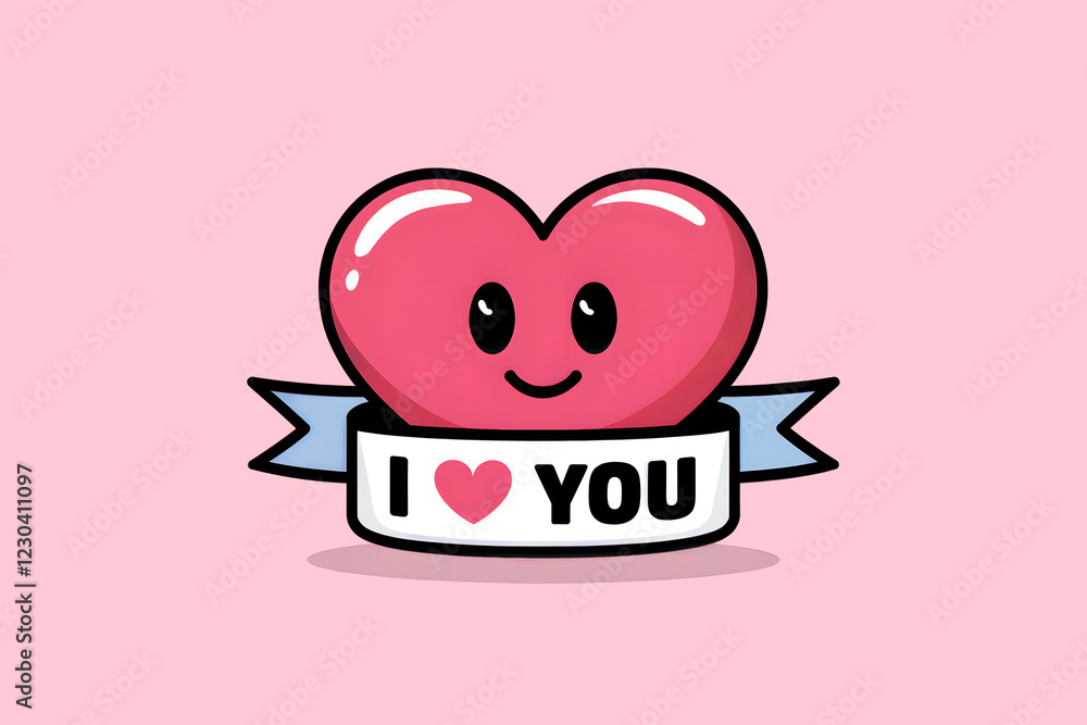 Illustration of a Smiling Pink Heart Character with a Ribbon and Banner Saying 'I ❤️ You' on a Light Pink Background
