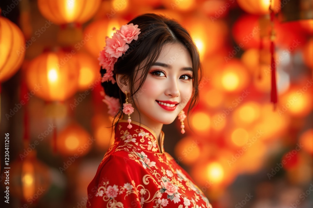 Woman smiling in traditional red attire with floral details against festive bokeh lights background. Woman smiling in traditional red attire with floral details against festive bokeh lights background.