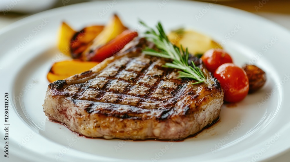 A perfectly grilled ribeye steak with a simple side of roasted vegetables, Placed on a plain white plate, Steak centered with a slightly angled view A perfectly grilled ribeye steak with a simple side of roasted vegetables, Placed on a plain white plate, Steak centered with a slightly angled view