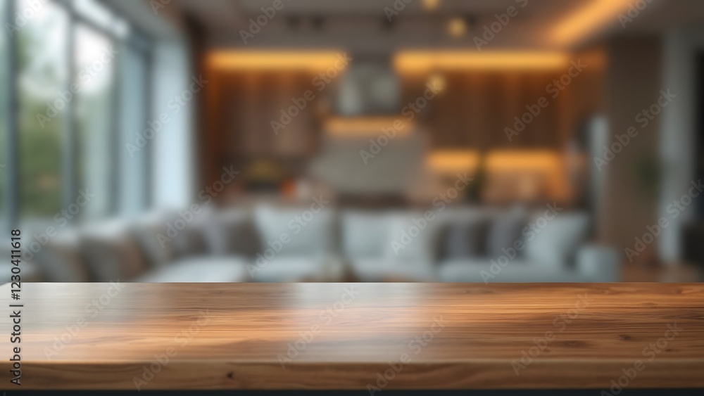 Empty Wooden Table in Modern Home - Blurred Living Room and Kitchen Background - Ideal for Product Mockups, Food Photography, or Lifestyle Content Empty Wooden Table in Modern Home - Blurred Living Room and Kitchen Background - Ideal for Product Mockups, Food Photography, or Lifestyle Content