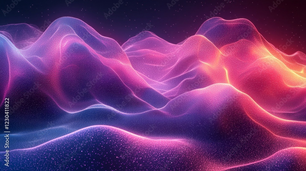 Fototapeta premium Waves of glowing colors ripple across the abstract background, creating an ethereal landscape. Neon hues blend and dance together, evoking a sense of tranquility and wonder at dusk