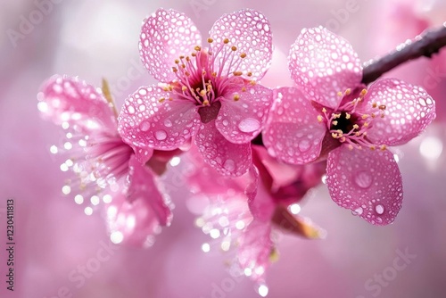 Pink Flowers with Dewdrops in Soft Focus with Sunlit Background . raindrop