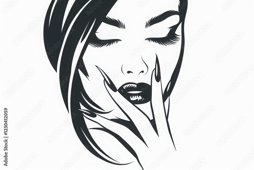 A beautiful woman's, eyes closed, vector graphics, simple lines, white background, logo design, silhouette. It is a vector illustration of the girl holding her lips with finger and slightly smiling. A beautiful woman's, eyes closed, vector graphics, simple lines, white background, logo design, silhouette. It is a vector illustration of the girl holding her lips with finger and slightly smiling.