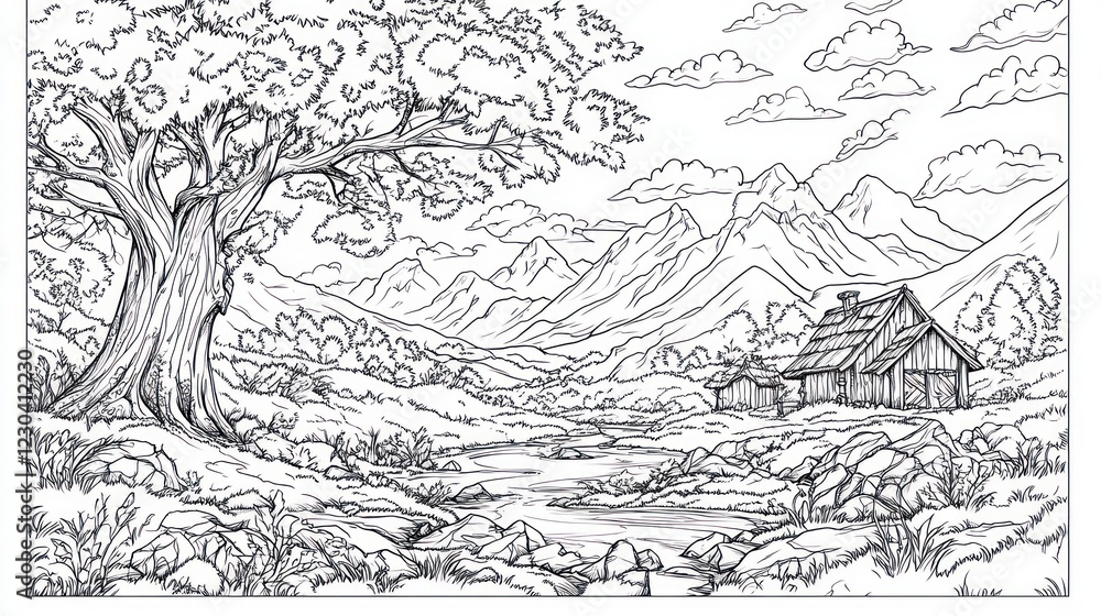 Mountain valley cabin coloring page, tranquil scene Mountain valley cabin coloring page, tranquil scene