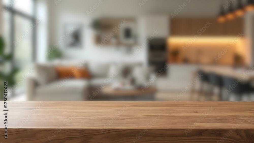Empty Wooden Table in Modern Home - Blurred Living Room and Kitchen Background - Ideal for Product Mockups, Food Photography, or Lifestyle Content Empty Wooden Table in Modern Home - Blurred Living Room and Kitchen Background - Ideal for Product Mockups, Food Photography, or Lifestyle Content