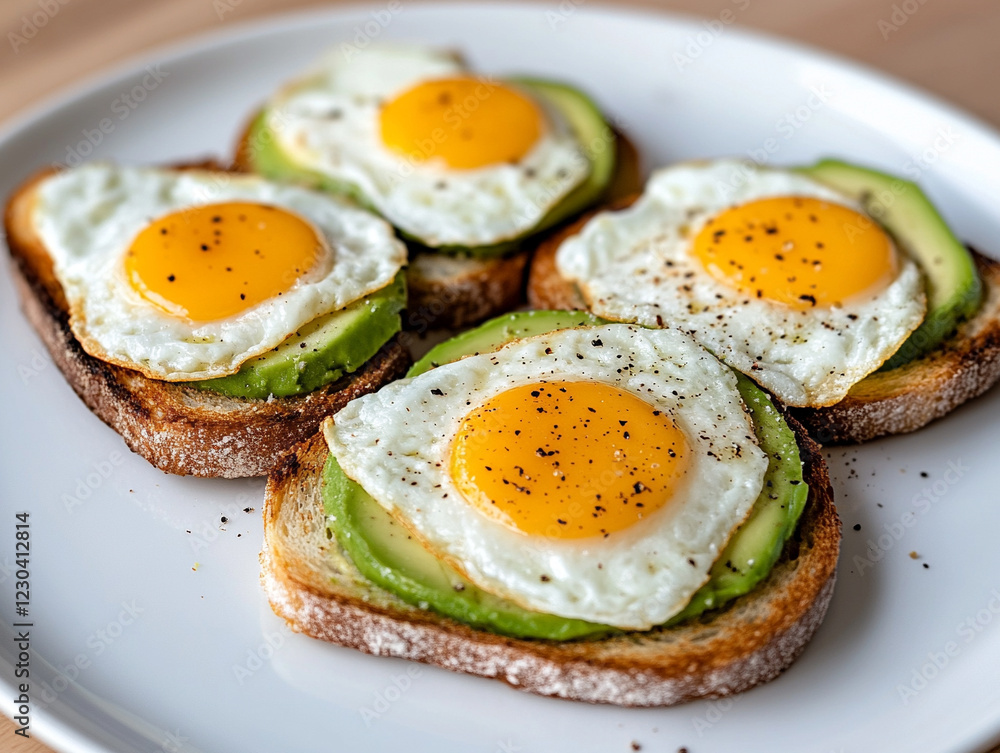 Breakfast featuring fried eggs and avocado on toast Breakfast featuring fried eggs and avocado on toast