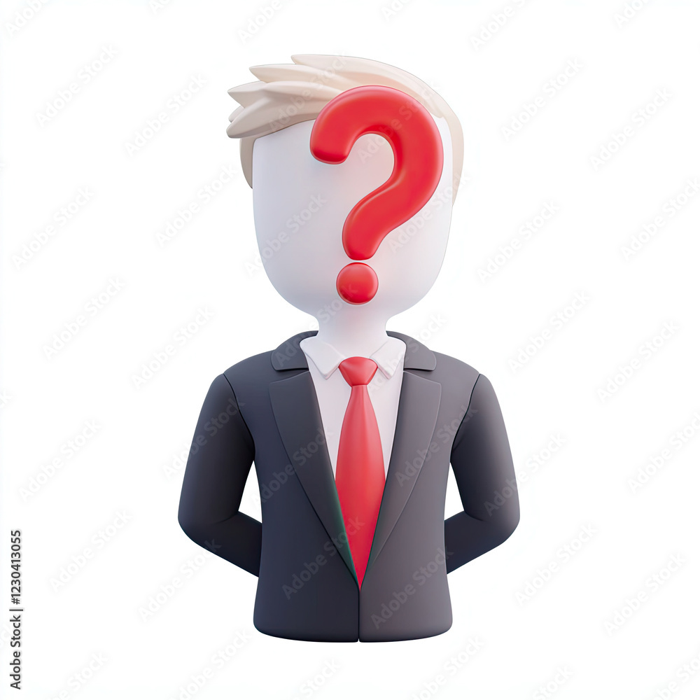 A 3D-rendered image featuring a businessman in a contemplative pose standing beside a giant red question mark against a soft pastel pink background. A 3D-rendered image featuring a businessman in a contemplative pose standing beside a giant red question mark against a soft pastel pink background.