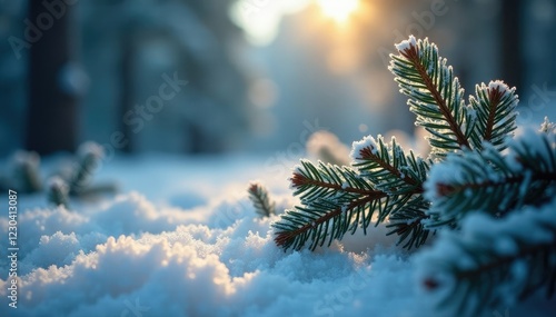 Frost-covered pine needles glisten in the dim light, snowy undergrowth, frosty foliage photo