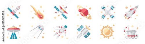 Outer Space and Universe as Aerospace Flat Object Vector Set