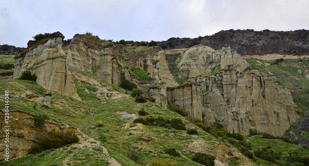 Fototapeta premium A view from the Fairy Chimneys in the historical city of Kula in Manisa, Turkey