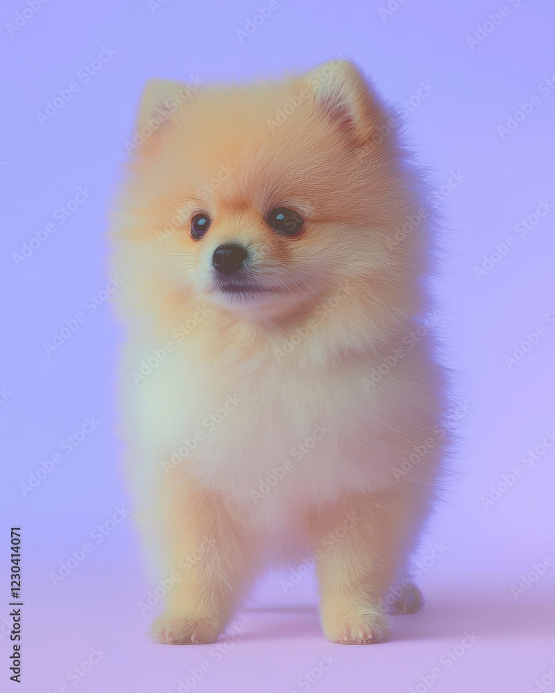 Cheerful pomeranian dog portrait pastel purple background fluffy appearance pet soft environment happy concept Cheerful pomeranian dog portrait pastel purple background fluffy appearance pet soft environment happy concept