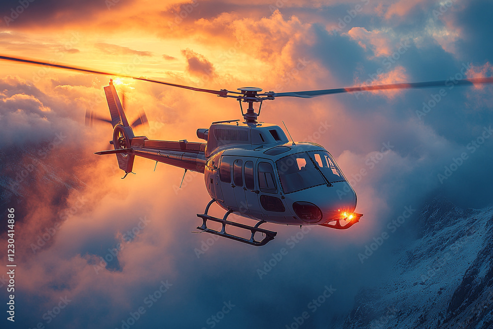Helicopter Soaring Above Clouds at Sunset Helicopter Soaring Above Clouds at Sunset
