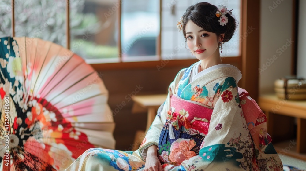 Fototapeta premium Japanese Woman in Traditional Kimono with Flowers