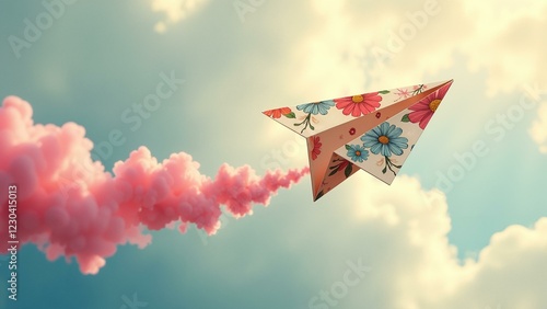 A delicate paper plane soars amidst colorful mist, adorned with floral patterns.