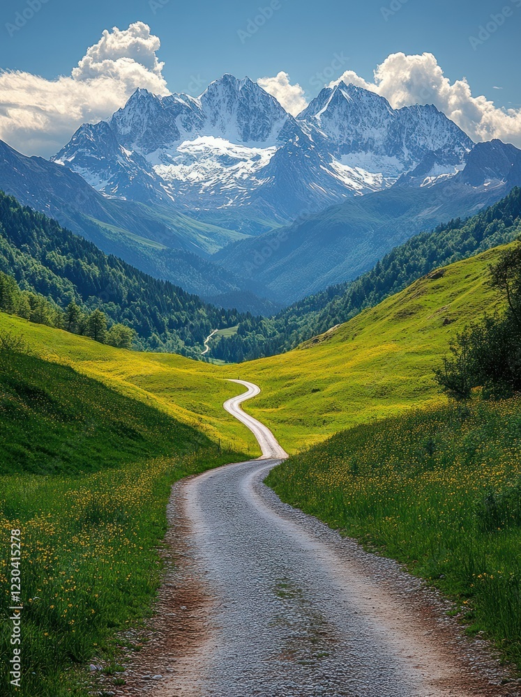 Naklejka premium Winding mountain road, scenic valley, summer, travel, landscape, postcard, nature, adventure, majestic peaks