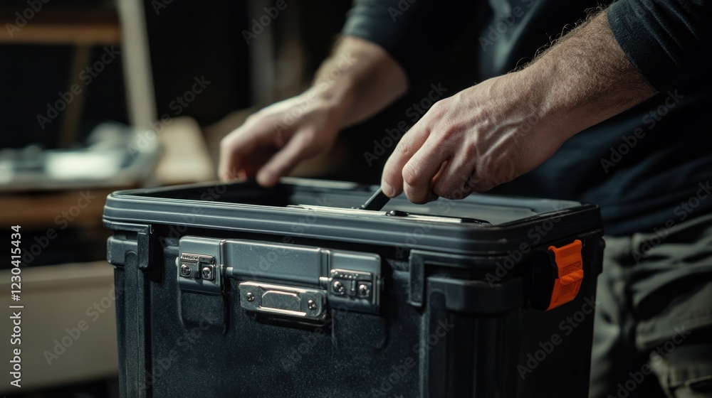 Man Opening a Black Tool Box with an Orange Latch Man Opening a Black Tool Box with an Orange Latch