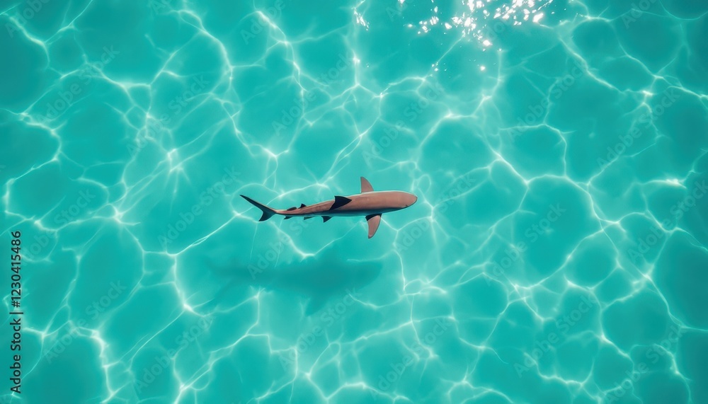 Shark swimming in clear turquoise water. Aerial view of marine life in tropical ocean. Shark swimming in clear turquoise water. Aerial view of marine life in tropical ocean.