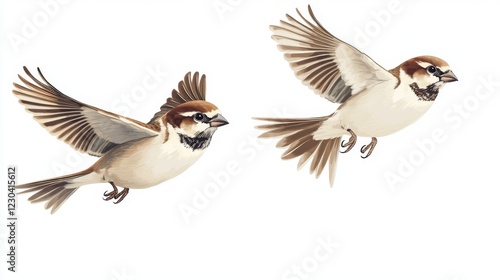 Two sparrows in mid-air, confronting each other with a white background; suitable for designs focused on nature, wildlife, or birds photo