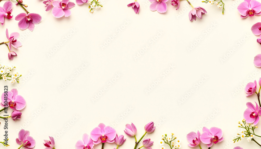 Elegant floral border with pink orchids on vanilla background, beauty Elegant floral border with pink orchids on vanilla background, beauty