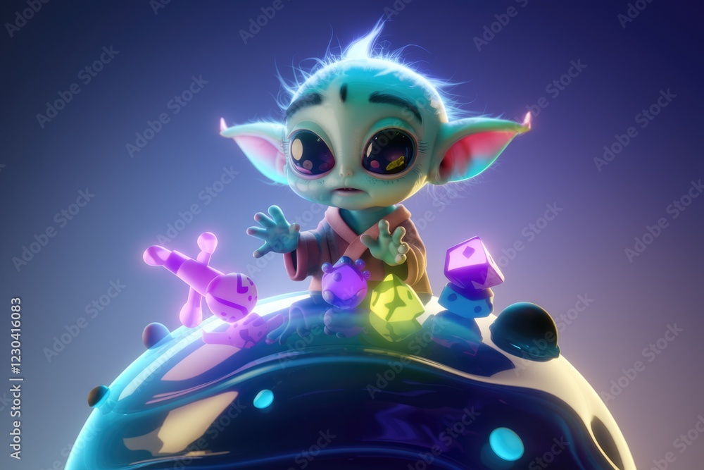 A cute, blue alien sits on a glossy surface, surrounded by glowing, playful objects. A cute, blue alien sits on a glossy surface, surrounded by glowing, playful objects.