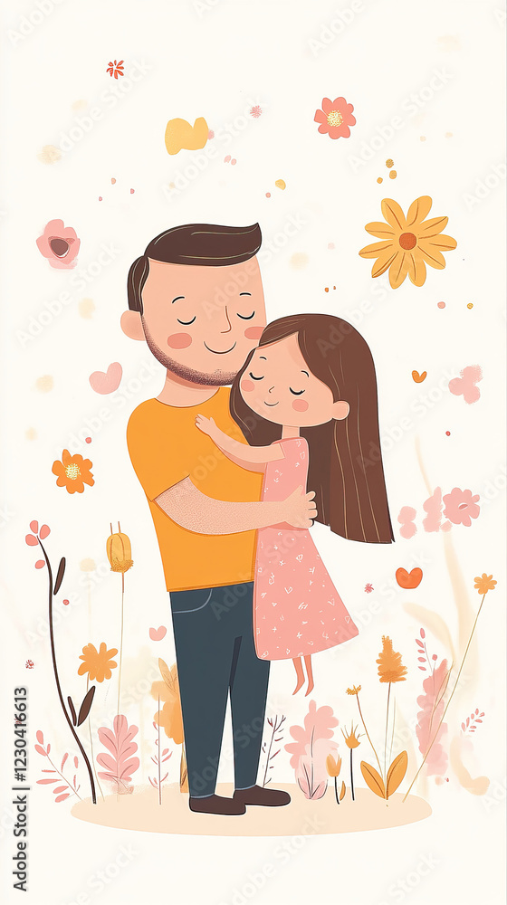 Father and daughter embracing in floral cartoon setting for family card design Father and daughter embracing in floral cartoon setting for family card design