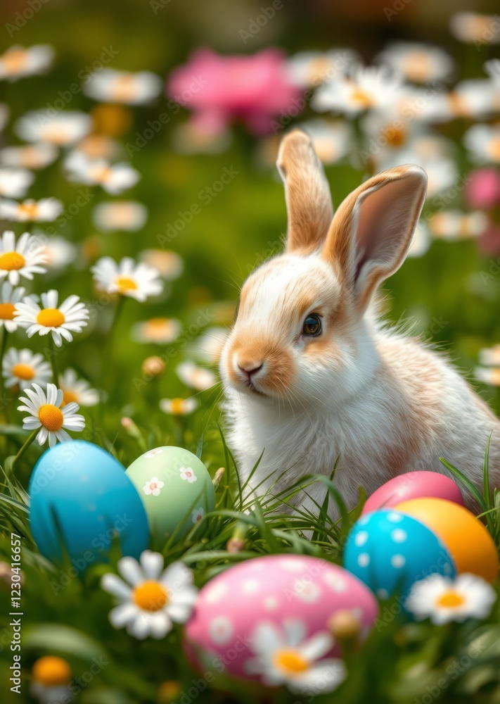 ovely bunny easter fluffy baby rabbit with colorful easter eggs on green garden with daisy flowers nature background on sunny warming spring time day easter egg holiday illustration celebration easter ovely bunny easter fluffy baby rabbit with colorful easter eggs on green garden with daisy flowers nature background on sunny warming spring time day easter egg holiday illustration celebration easter