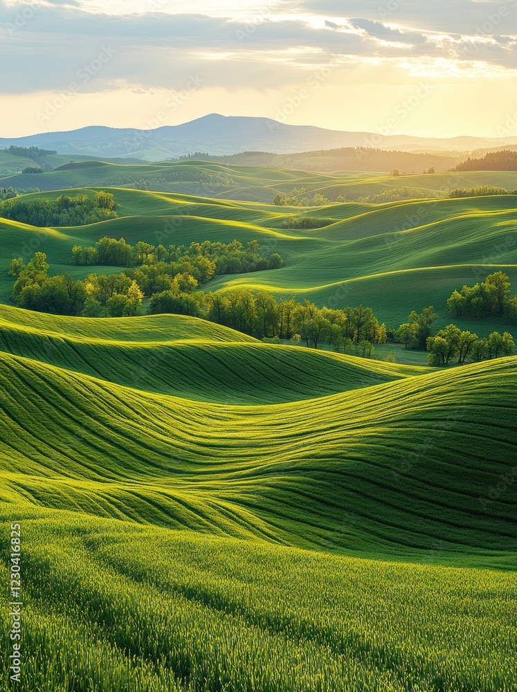 Fototapeta premium Sunrise over rolling green hills, farmland, peaceful landscape, idyllic scenery, nature photography