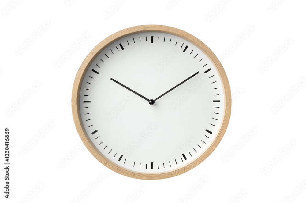 A modern minimalist wall clock with a wooden frame, black hands, and a clean white face, isolated on a transparent background. A modern minimalist wall clock with a wooden frame, black hands, and a clean white face, isolated on a transparent background.