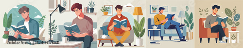 vector set of young people reading books