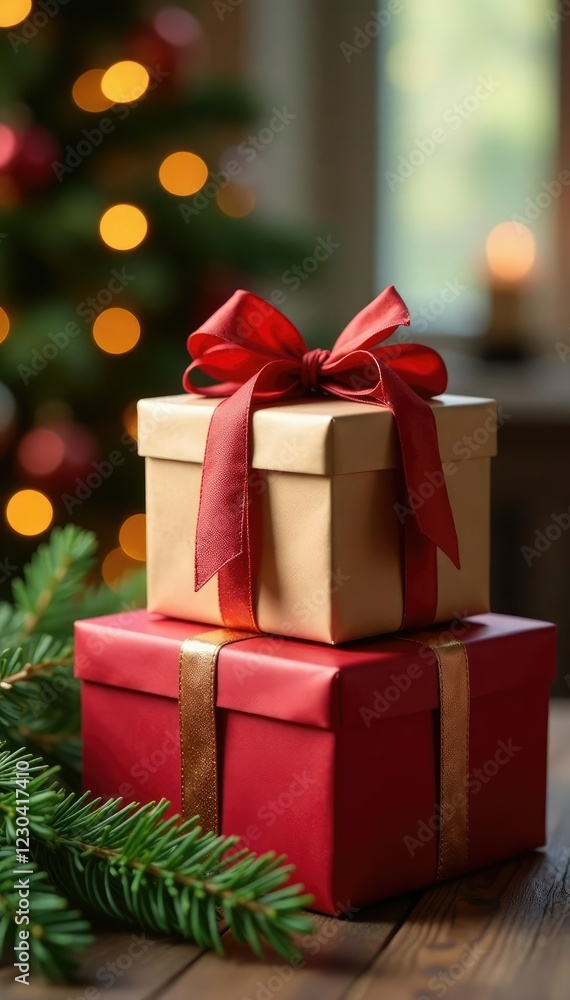 Stack of gift boxes with evergreen sprigs and festive bows in warm light, festivity, gift box, warm light Stack of gift boxes with evergreen sprigs and festive bows in warm light, festivity, gift box, warm light