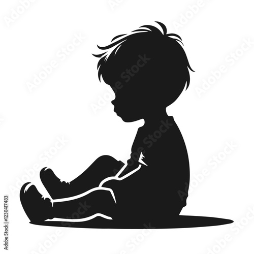 Clean black and white vector silhouette of child on white background