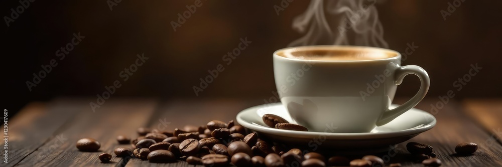 Fototapeta premium Steaming coffee with a few coffee beans on top, flavorful, liquid, aromatic