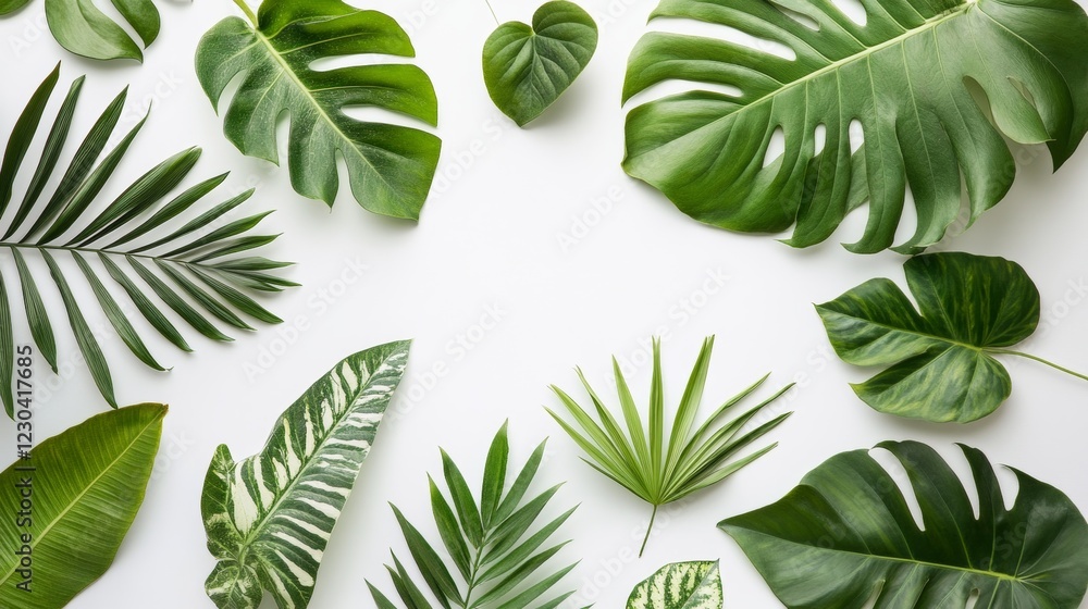 Obraz premium A stunning collection of various tropical leaves arranged artfully on a white background, showcasing vibrant greens and intricate textures ideal for nature-inspired designs.