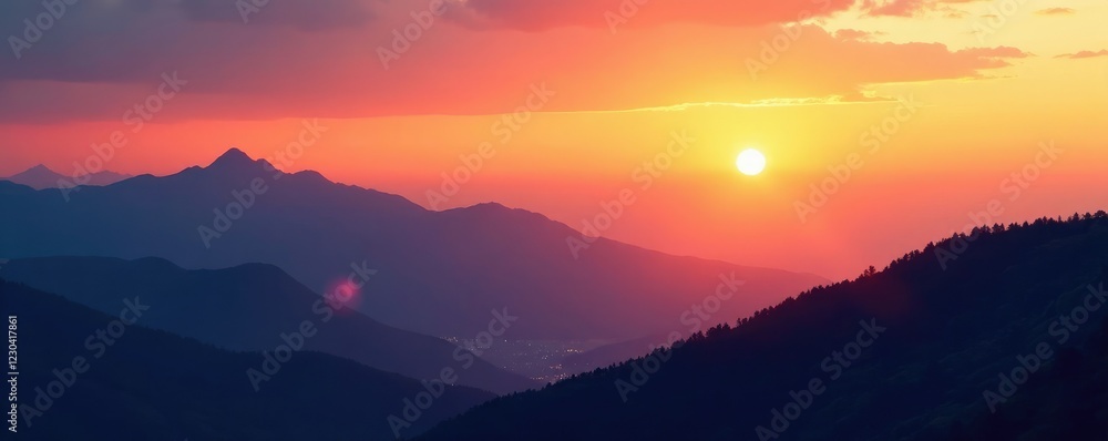Sunset over mountains with golden bokeh gradient background, serene, sky, gradient Sunset over mountains with golden bokeh gradient background, serene, sky, gradient