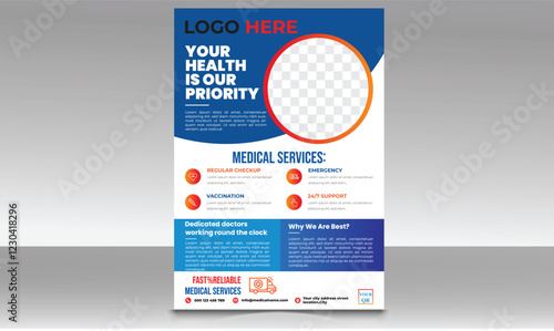 Medical health care flyer brochure template design, flyer template of medical care with white background for text, space for picture and blue wavy lines decoration. vector illustration.