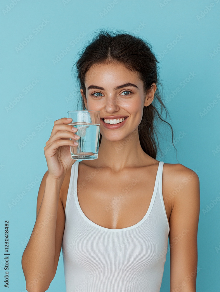 Young woman smiles while holding a glass of water Young woman smiles while holding a glass of water
