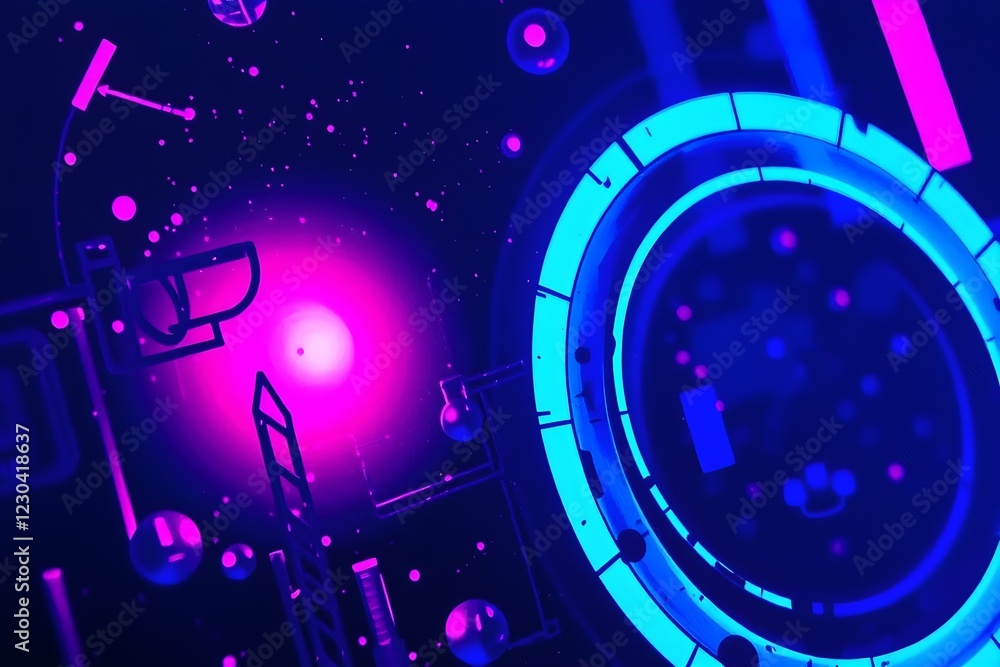 Obraz premium Extreme macro close-up bold acrylic painting depicting a futuristic neon glow background in dark purples and blues accented by soft pink and cyan lights. Vibrant colors, textured brushstrokes