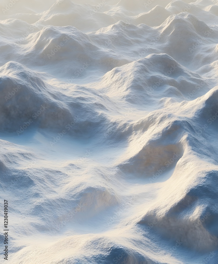 Fototapeta premium Snowy ground with soft, uneven textures and subtle shadows.